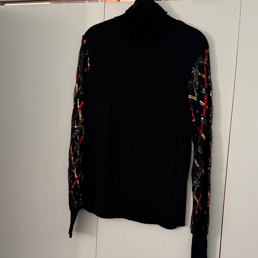 Black Turtleneck Sweater with Colorful Sequin Sleeve Accents
